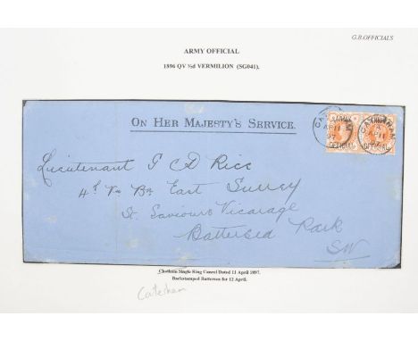 GB SGO41 1896 ½d vermilion pair. Army Official on cover, Ap 11 97. Caterham to Battersea Park