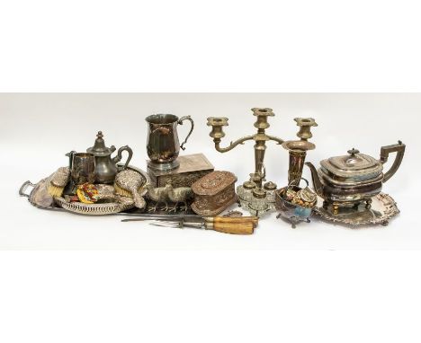 A quantity of EPNS and plated items including salver, candelabra, tray along with a small amount of hallmarked silver, includ