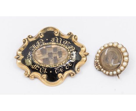 A 19th century pearl set mourning snake brooch, comprising a circular glazed compartment holding plaited hair, within a gradu