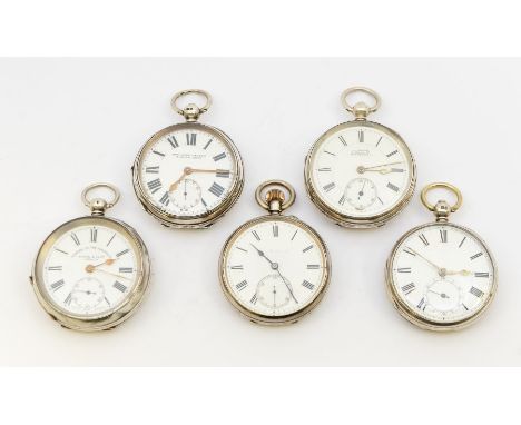 A collection of five Victorian, early Edwardian silver open faced pocket watches, all comprising white enamel dials, Roman nu
