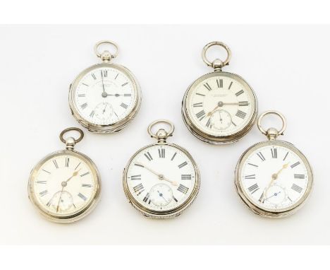 A collection of five late Victorian silver pocket watches, all with enamel dials, Roman numeral hour markers,, chapter ring a