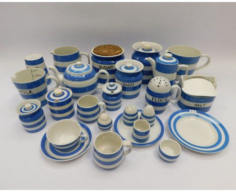 T G Green Cornish Ware. A collection of items in blue and white band, jars, shakers, salt box, cups, saucers, teapot etc