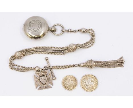 A silver Albertina watch chain with three rows of chain including rope and snake link, ball details with feather decoration, 