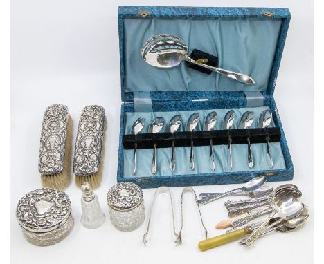 An Edwardian four piece Birmingham silver mounted dressing table set, along with plated flatware (1 bag)