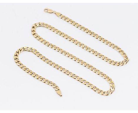 A 9ct gold flat curb link chain, width approx 5mm, length approx 26'', weight approx 48.4gms Further details: good all links 