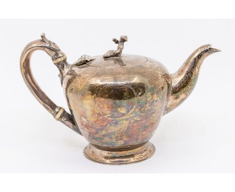 A Victorian silver bullet shaped teapot, hallmarked London, 1841, 8.66 ozt  (269.6 grams) (AF - patch to body, replacement fi