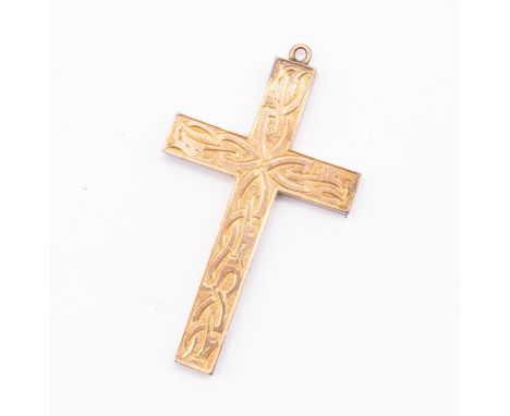 A 9ct gold cross pendant  with engraved Celtic design , size approx 40 x 25mm, missing bale, weight approx 3.4gms Further det
