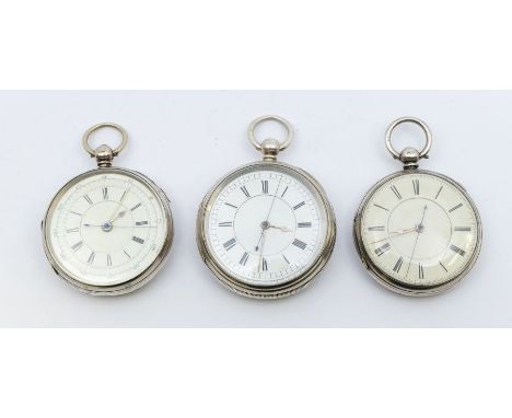 A collection of three silver open faced pocket watches, all with enamel dials, Roman numeral markers, all key wind, to includ