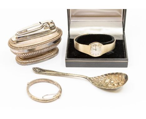 A Birmingham silver small christening bangle, a Rotary plated watch in box, a Ronson England plated table lighter, and a silv