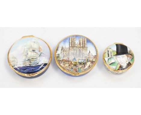 Halcyon Days - three Royal Mint issue enamel boxes of the Queen's Diamond Wedding, Nelson and the Victory and Isambard Kingst
