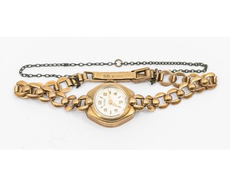 A ladies 9ct gold Rotary vintage wristwatch, round silvered dial with applied gilt number and baton markers, to a fancy 9ct g