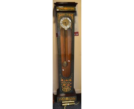 A 20th century reproduction French longcase clock with French-style enamelled plaque with Roman numerals, in a transfer-inlai