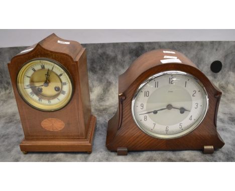 Two mantle clocks, inlaid mahogany and oak and ply two hole clock