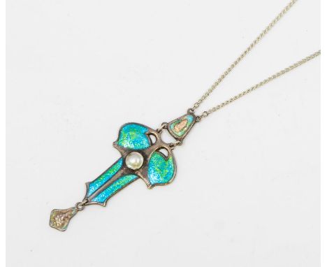An Art Nouveau  silver and enamel pendant by Charles Horner, comprising a central organic form inset with blue and green enam