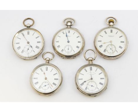 A collection of five late 19th early 20th century silver open faced pocket watches, all with white enamel dials, Roman numera