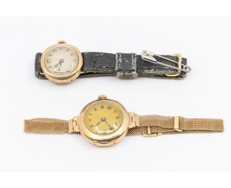 Two ladies 9ct gold vintage wristwatches, comprising an early 20th century version with round dial on later 9ct gold woven st