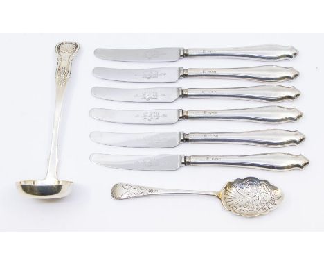 A collection of silver to include; A Victorian Scottish silver ladle with shell designed handle, monogrammed to top, hallmark