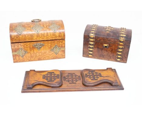 A walnut 19th Century domed chest writing box, along with 19th Century walnut tea caddy with pinned bone detail plus an early