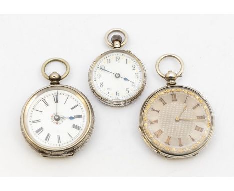 Three early 20th century ladies open faced pocket watch, comprising one with a white enamel dial with Roman numeral markers, 