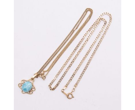 A 9ct gold and Larimar pendant, comprising an oval cabochon larimar within a fancy 9ct gold wirework border, on 9ct gold chai