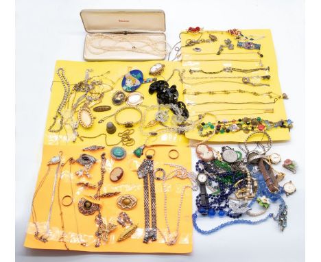 A collection of costume jewellery to include a silver chain bracelet, silver pendants, mount set with a coin, Victorian gilt 