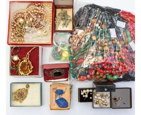 A collection of costume jewellery to include vintage glass bead necklaces, china brooches, faux pearls, watch, rings etc&nbsp