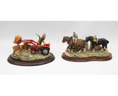 Two Border Fine Art models on wooden stands: one of a farmer riding plough horses and one of a farmer on a tractor with hay b
