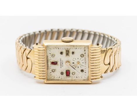 A ladies vintage Chalet 14ct gold wristwatch, comprising a rectangular dial with paste set dial, a/f stones and glass missing