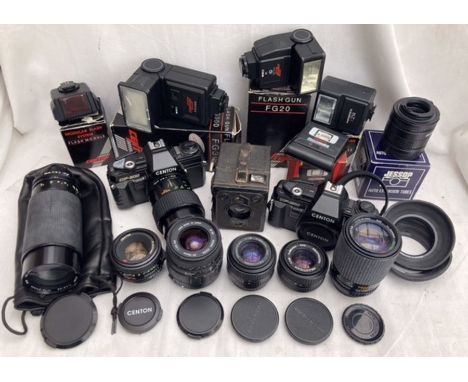 Cameras and lenses: collection of mostly Centon lenses with two Centon cameras, various flash units and one vintage box camer