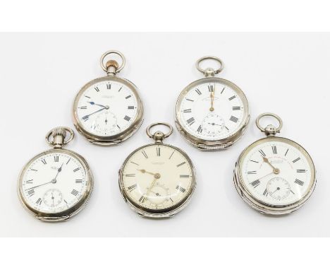A collection of five late 19th early 20th century silver open faced pocket watches, all with white enamel dials, Roman numera