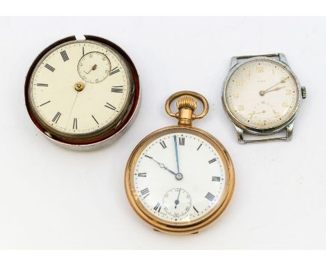 A gold plated open faced pocket watch, white dial with subsidiary (winds and working, top wind needs attention) along with a 