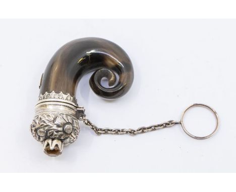 A novelty Victorian miniature horn and silver vinaigrette in the form of a snuff-mull, silver cover set with thistle design a