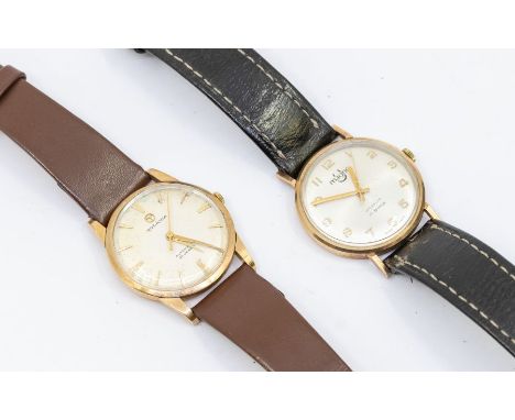 Two gents vintage 9ct gold wristwatches to include an automatic Rodania with signed round champagne dial, applied gilt arrow 