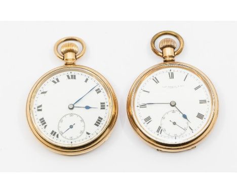 Two early 20th century gold plated open faced pocket watches, comprising a John Russel & Sons Liverpool, movement No 300757, 