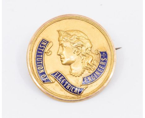 A 9ct gold and enamel circular brooch for the 'Institution of Electrical Engineers' diameter approx 30mm, total gross weight 