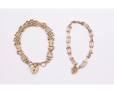 Two 9ct gold gate bracelets, both comprising  padlock clasp, along with a finer versions combined weight approx 18.4gms Furth
