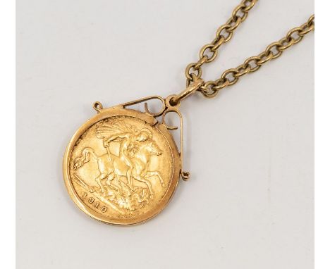 A Edward VII half sovereign, dated 1910, within a 9ct gold pendant mount, suspended from a yellow metal chain, length approx 