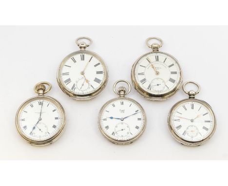 A collection of five late Victorian early 20th century silver open faced pocket watches, all with white enamel dials, Roman n