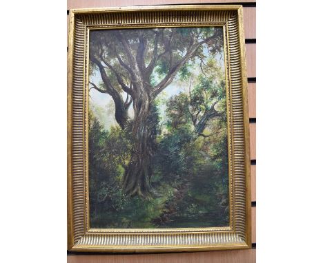 A framed Southern Comfort modern mirror, together with an early 20th century oil on board of a tree, signed lower right with 
