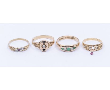 A collection of early 20th century gold rings to include an opal and emerald five stone 9ct gold ring, size R1/2, a pearl and