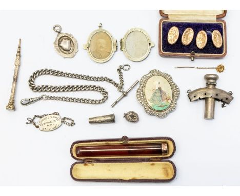 A collection of jewellery to include a diamond set 15ct gold topped stick pin with 9ct gold pin stem, total gross weight appr
