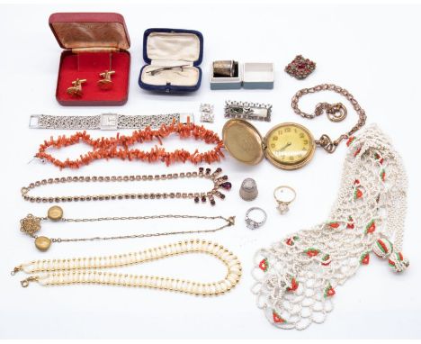 A Charles Horner silver thimble, a silver and&nbsp; enamel brooch, coral necklace, pocket wtach and other costume jewellery&n