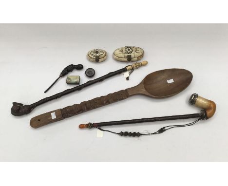 A mixed lot of collectibles.To include: a Meersham pipe with white metal mounts (AF), another long handled pipe with carved w