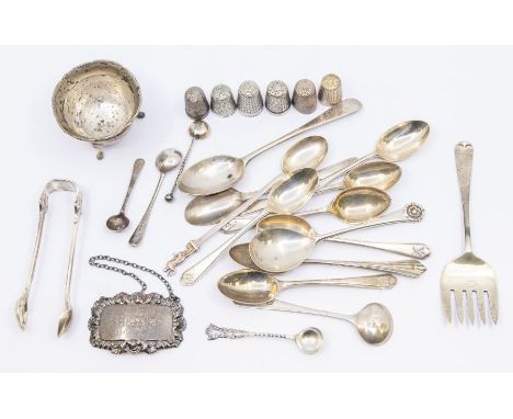 A collection of silver to include; A Birmingham hallmarked silver condiment pot by Henry Matthews, a Sheffield silver Sherry 
