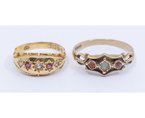 A Victorian ruby and diamond star set ring with scroll decoration, width approx 8mm, size L, total gross weight approx 2.7gms