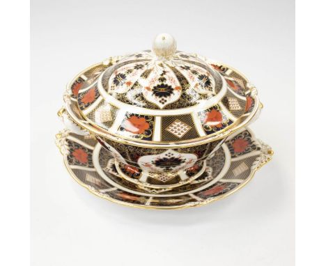 Royal Crown Derby 1128 Imari large tureen and drip stand, first quality. Hairline cracks to the body.