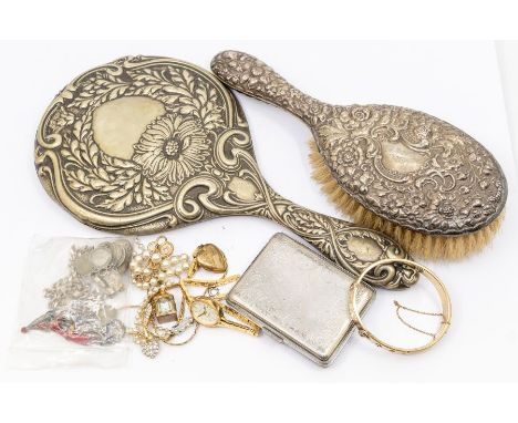 A collection of items to include a silver mounted hairbrush, Birmingham 1921, folitae decoration, total gross weight approx 6