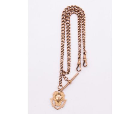 A 9ct rose gold double graduated Albert link fob chain, swivel clasps and T bar, links stamped 9 375, widest approx 6mm, tota