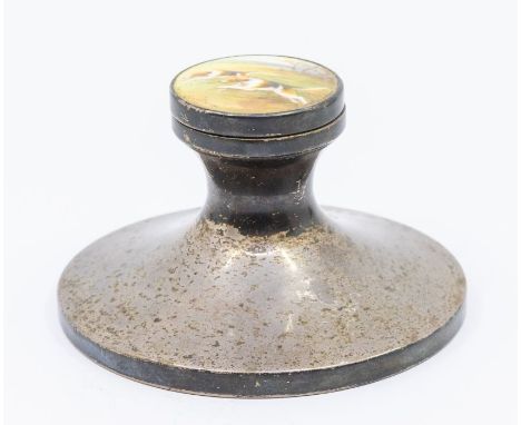 Hunting/Equestrian Interest: A George V silver novelty capstan inkstand, the cover inset with Royal Worcester plaque painted 