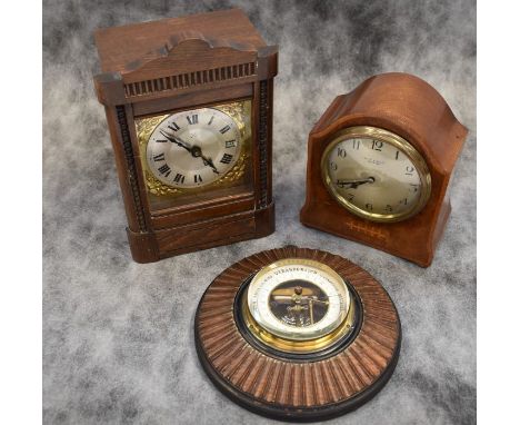 Two wooden case mantle clock, one Butt &amp; Co Ltd Chester and a Aneroid barometer.